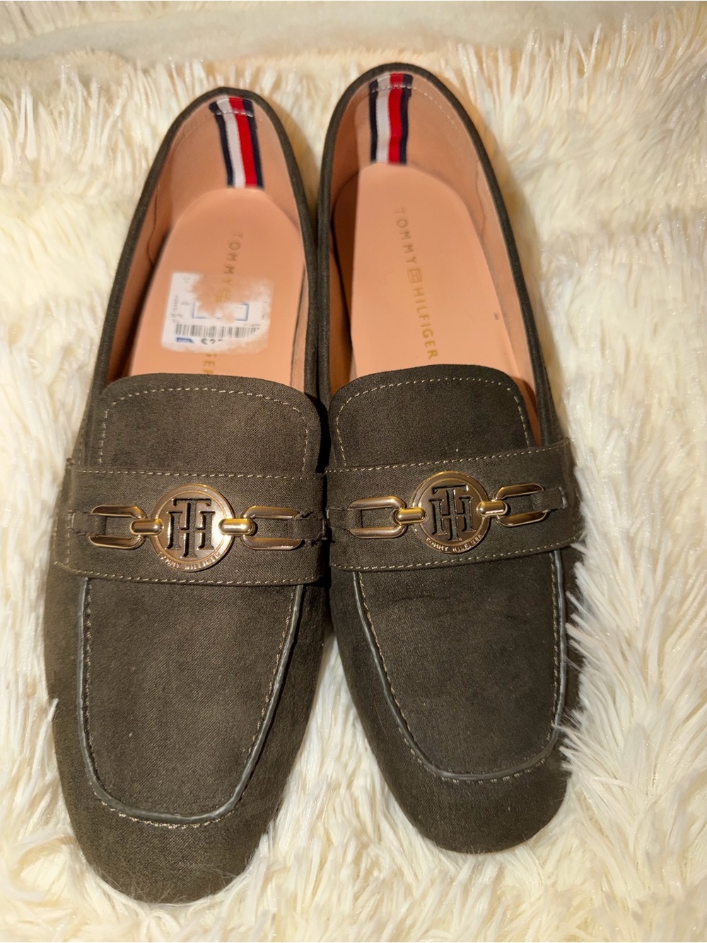 Tommy Hilfiger Men's Olive Green Suede Loafers with Gold Accent
